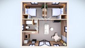 a rendering of a small apartment at Cozy Cub Cabin, Wilderness Retreat Williams AZ near Grand Canyon, Fire pit in Williams