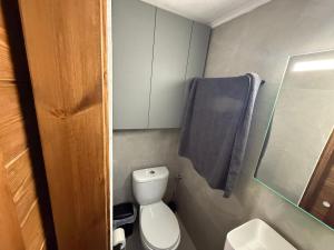 un piccolo bagno con servizi igienici e asciugamano blu di Stone house seta a Séta