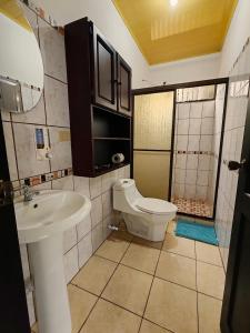 a bathroom with a toilet and a sink at Butterfly Apartments La Fortuna in Fortuna +25 photos