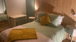 a bedroom with a bed with pillows and a mirror at L'atelier des couleurs in Vagney