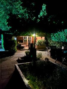 a backyard at night with a tree and a house at Het Houten Huis in Hierden +5 photos