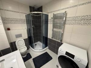 uma casa de banho com um WC e uma máquina de lavar roupa. em Pension Martinské údolí em Kořenov mais 41 fotografias