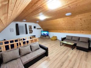 a living room with a couch and a tv at Forest Cottage 2024 in Lábatlan