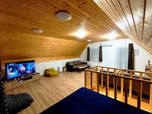 a living room with a flat screen tv on a wooden ceiling at Forest Cottage 2024 in Lábatlan +31 photos