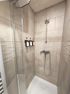 eine Dusche mit Glastür im Badezimmer in der Unterkunft Studio Stylisé Chalet in Rochejean