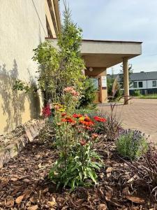 een tuin met bloemen voor een gebouw bij Hotel Sowa in Częstochowa
