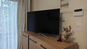 una TV a schermo piatto seduta sopra un armadio in legno di Elia Sunset a Lagomandra Altre 27 foto