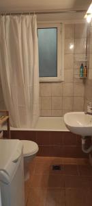 a bathroom with a toilet and a tub and a sink at Parastaseis City Apartment Central in Patra +54 photos