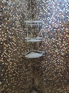 サン・ドニにあるDuplex T3 centre-villeの3つの棚が付いたタイル張りの壁のバスルーム