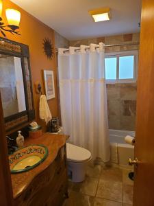 a bathroom with a white shower curtain and a toilet at Against the Wind Vacation Rental LLC in Lake Leelanau +18 photos