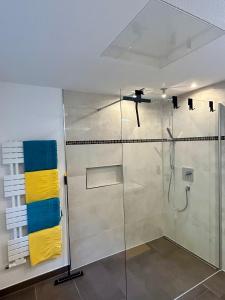a bathroom with a shower with yellow and blue towels at MOUNTAIN HOME apartment in Finkenberg