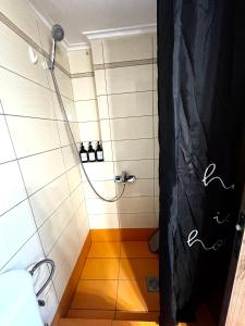 a bathroom with a shower with a shower head at Blue Port Beach House in Rafina +35 photos