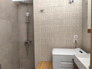 a bathroom with a shower with a toilet and a sink at Parastaseis Central Studio Georges Sq in Patra +18 photos