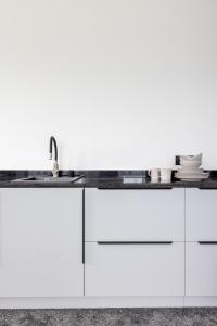 een keuken met witte kasten en een spoelbak bij Varenastay in Varėna +45 foto's