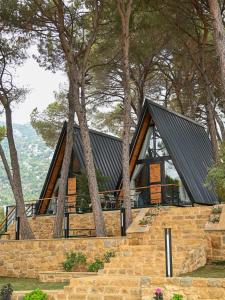 a house in the woods with a black roof at Pine Straw Douma in Douma +9 photos