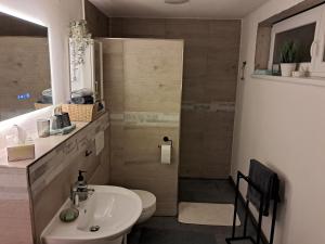 a small bathroom with a sink and a toilet at Wolfs Studio in Blumberg +4 photos