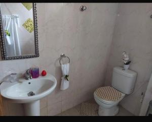 ein Badezimmer mit Waschbecken, Toilette und Spiegel in der Unterkunft Osprise Residencies in Tema