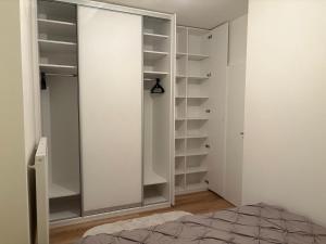 a bedroom with a closet with a glass door at Riverside Vrchlabí in Vrchlabí
