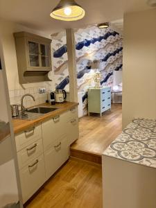 a kitchen with a sink and a counter top at Maison Popeline in Les Andelys