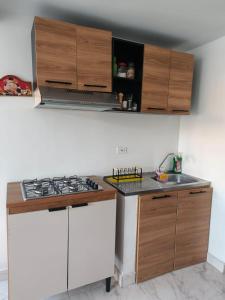 Apartamento Le petit prince في بايبا: مطبخ بدولاب خشبي وموقد