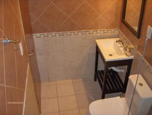 ein Badezimmer mit Dusche, Toilette und Waschbecken in der Unterkunft Cabañas Kalfulafquen in Villa La Angostura + 21 Fotos