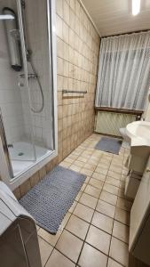 een badkamer met een douche, een toilet en een wastafel bij Apartment Wildgrund in Siegen