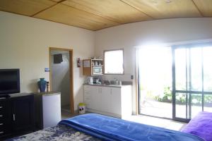 a room with a bed and a kitchen with a window at Ocean Purring Views in Tutukaka