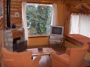 ein Wohnzimmer mit Kamin und Fernseher in der Unterkunft Cabañas Kalfulafquen in Villa La Angostura
