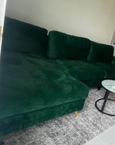 乔治敦Well Haven Apartments的客厅配有一张绿色沙发,设有一张桌子