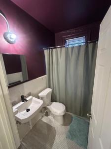 a bathroom with a white toilet and a sink at Comfy studio apartment with a beautiful view in Detroit