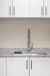 d'un comptoir de cuisine avec un évier et des placards blancs. dans l'établissement Modern & Pet Friendly in Kenny – Unit 1, à Richfield