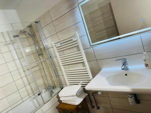 ein Badezimmer mit Waschbecken, Dusche und Spiegel in der Unterkunft Hôtel entièrement privatisé avec spa in Rupt-sur-Moselle + 7 Fotos