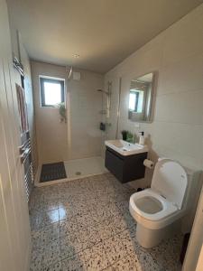 a bathroom with a toilet and a shower and a sink at Clare Escape Ballycastle - Luxury town centre apartment, walk to beach & harbour, near Giants Causeway in Ballycastle