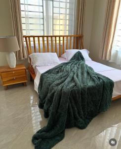 DodomaAmani Homes Appartment Dodoma的卧室床上铺着一条绿色毯子