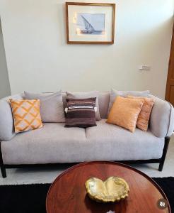 DodomaAmani Homes Appartment Dodoma的客厅配有沙发、枕头和桌子