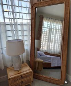 DodomaAmani Homes Appartment Dodoma的卧室内的镜子,配有床和灯