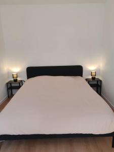 Cosy appartement calme et tout équipé idéal seul ou en couple في Seloncourt: غرفة نوم مع سرير وطاولتين جانبيتين