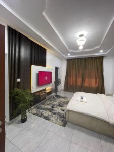 um quarto com uma cama grande e uma TV de tela plana em Carolean luxury wuye em Abuja