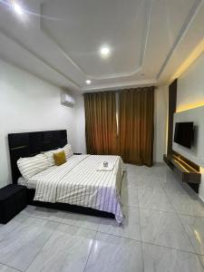 um quarto com uma cama e uma TV de tela plana em Carolean luxury wuye em Abuja mais 3 fotografias