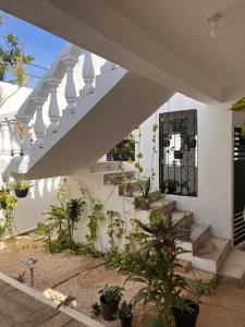a white house with stairs and potted plants at Apartment in Merida in Mérida