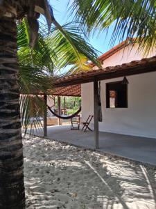 een palmboom naast een wit gebouw met een stoel bij Casa Beleza Atins in Atins