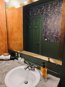 uma pia de banheiro com porta verde e espelho em The Starling Room at Stag and Sparrow em Salem