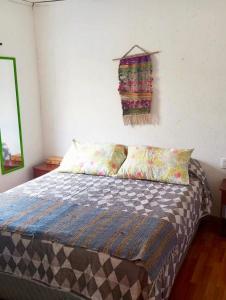 una camera da letto con letto con cuscini e parete di Cabaña lago tranquilo, camino valle exploradores a Puerto Tranquilo Altre 50 foto