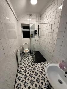 a bathroom with a shower and a toilet and a sink at Principality Stadium & City Centre on the Doorstep in Cardiff