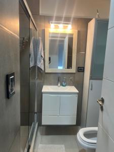 ein Badezimmer mit Waschbecken, Spiegel und Toilette in der Unterkunft Sueños del Sur, moderno departamento in Comodoro Rivadavia