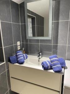 Un baño con toallas moradas en un lavabo. en La fringante, en Pleubian 19 fotos más