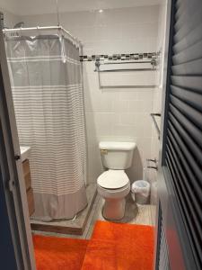 Un pequeño baño con inodoro y ducha. en Bregita Serenity Studio, en Little Bay