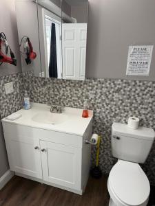 a bathroom with a sink and a toilet and a mirror at Basement room with its own private bathroom in Providence +5 photos