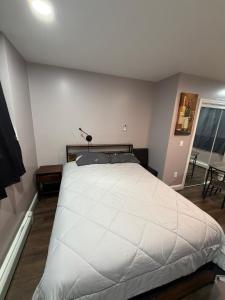 a bedroom with a large white bed in it at Basement room with its own private bathroom in Providence