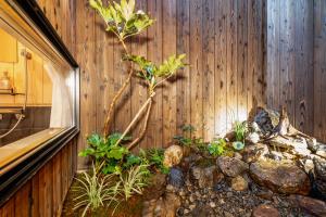 un jardin devant un mur en bois dans l'établissement Machiya Izumi higashiyama, à Kyoto
